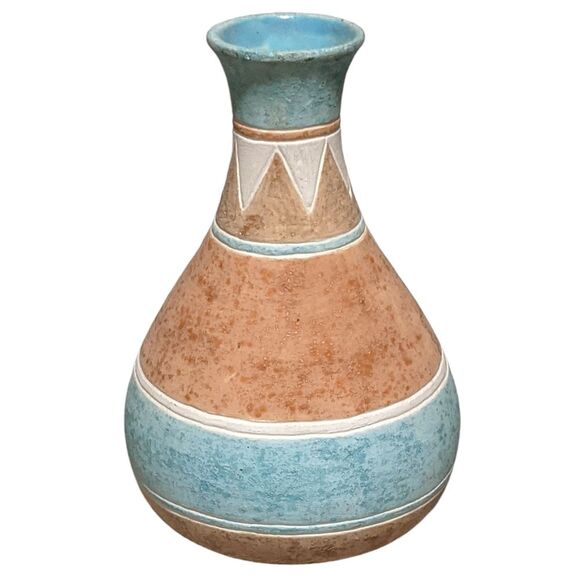 Vintage Southwest Aztec boho 1990's teal cream tan vase - Picture 1 of 12
